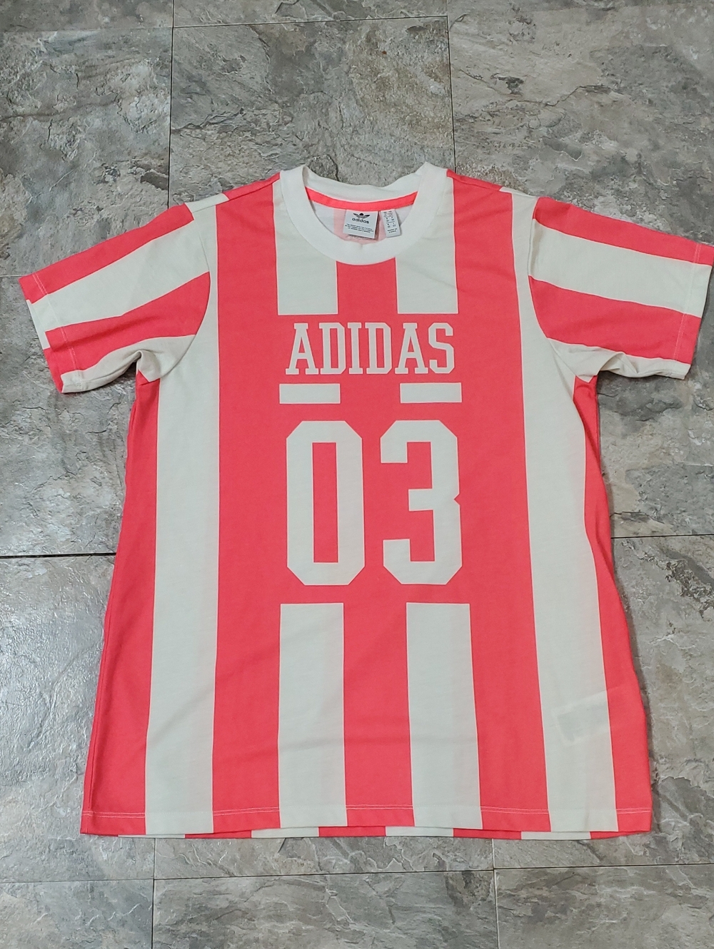 adidas Coral Pink & Cream Striped Small  Graphic Tee( No.103)